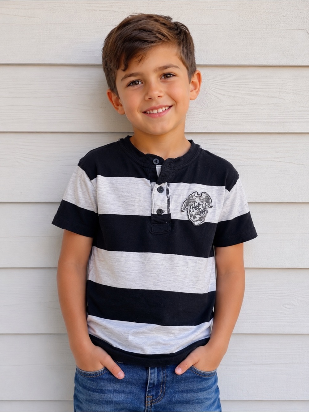 GAP Black & White Striped Henley Tee - Short Sleeve Kids